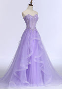 Princess Corset Strapless Cascading Horse Hair Lilac Lace Tulle Prom Dress, Beading