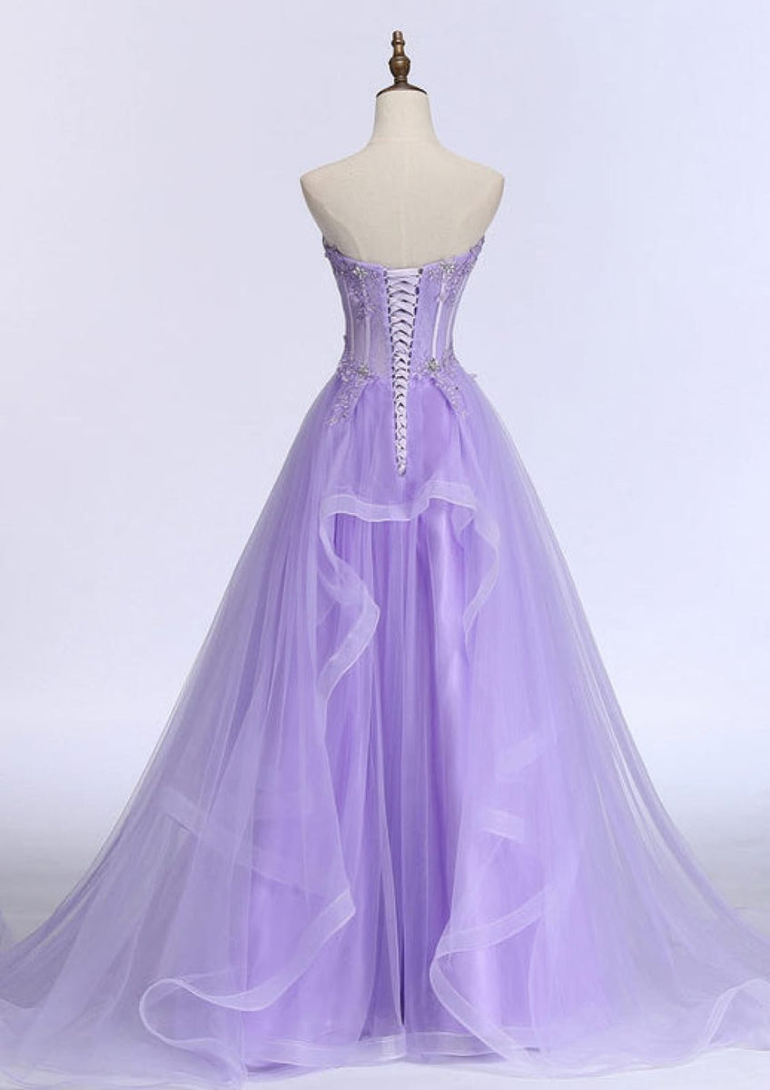 Princess Corset Strapless Cascading Horse Hair Lilac Lace Tulle Prom D ...