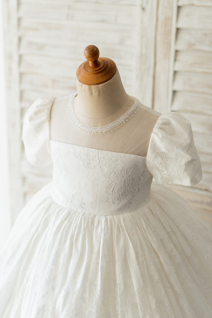 Ivory Lace Short Sleeves Wedding Flower Girl Dress