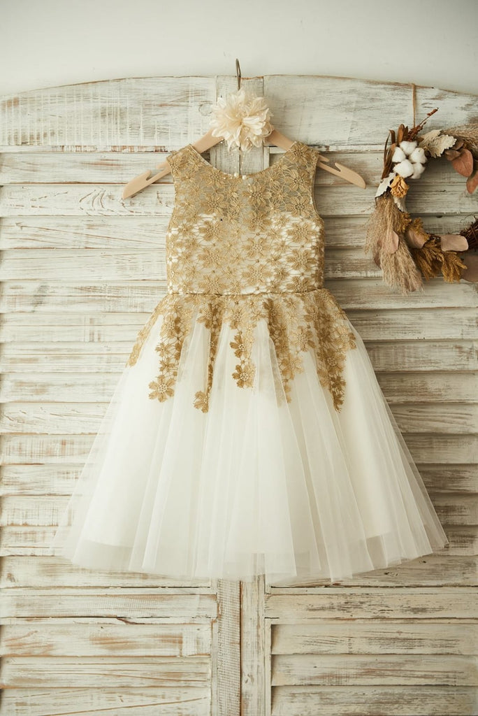 Princess Gold Lace Ivory Tulle Scoop Neck Wedding Flower Girl Dress 5T Princess Gold Lace Ivory Tulle Scoop Neck Wedding Flower Girl Dress 5T
