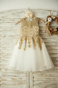 Prinzessin Gold Spitze Elfenbein Tüll U-Ausschnitt Hochzeit Blumenmädchenkleid