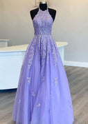 Princesa Halter Long/Floor-Length Lavender Lace Tulle Prom Vestido, Beading