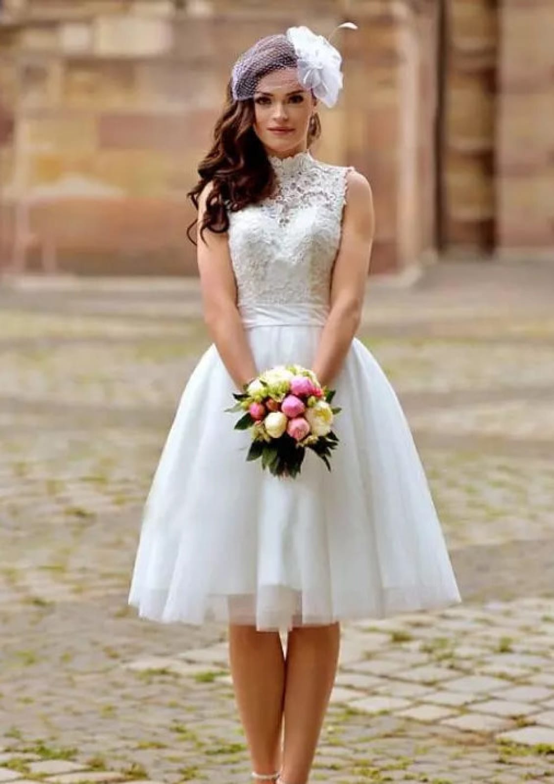 Princess High-Neck Sleeveless Keyhole Knee-Length Lace Tulle Bridal Dr - Princessly Princess High-Neck Sleeveless Keyhole Knee-Length Lace Tulle Bridal Dr - Princessly