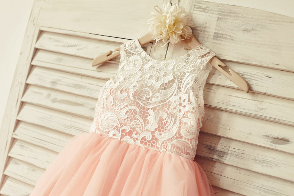 Princess Ivory Lace Blush Pink Tulle Flower Girl Dress