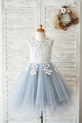 Princesa marfil encaje gris tul boda vestido de niña de las flores