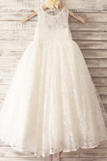 Princess Ivory Lace Keyhole Back Floor Length Wedding Flower Girl Dress