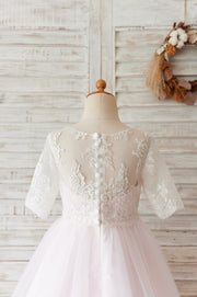 Ivory Lace Pink Tulle Short Sleeves Wedding Flower Girl 