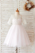 Vestido de niña de flores de boda de manga corta de tul rosa de encaje marfil princesa