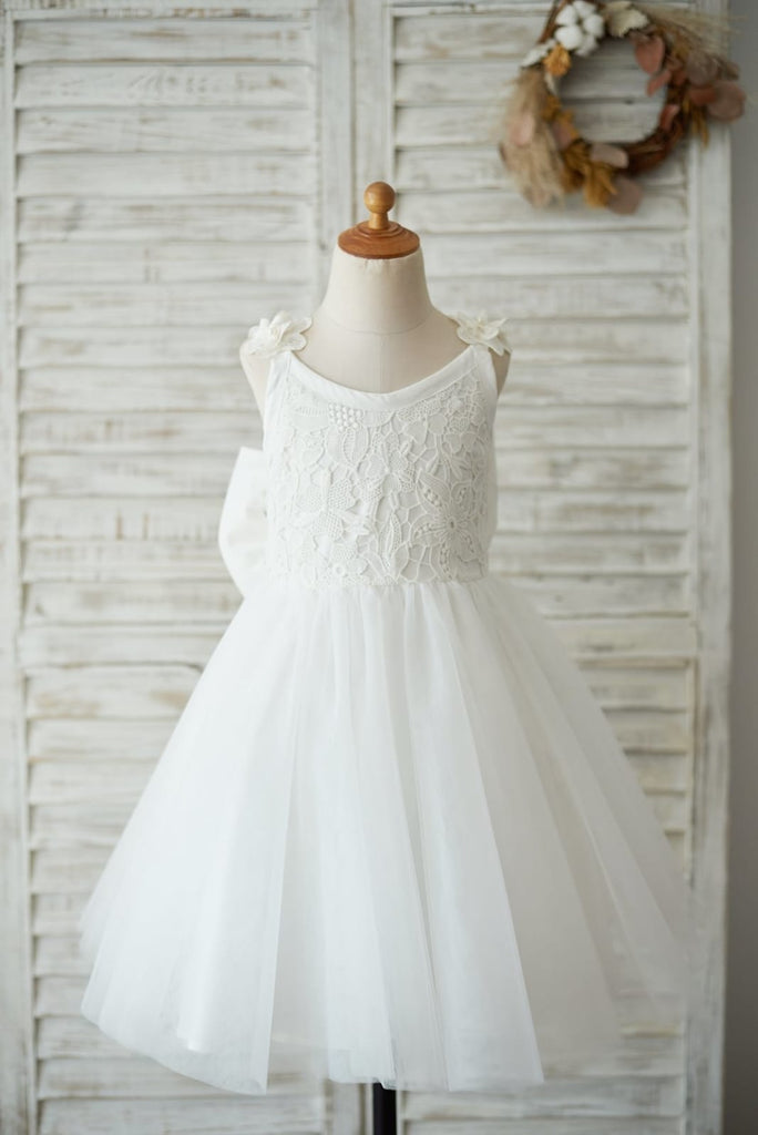 Princess Ivory Lace Tulle V Back Wedding Flower Girl Dress 