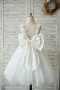 Princess Ivory Lace Tulle V Back Wedding Flower Girl Dress, Big Bow
