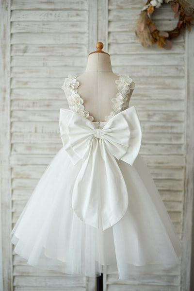 Princess Ivory Lace Tulle V Back Wedding Flower Girl Dress 