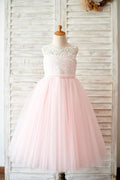 Vestido de niña de las flores de la boda de tul rosa de encaje marfil con espalda de princesa Keyhole