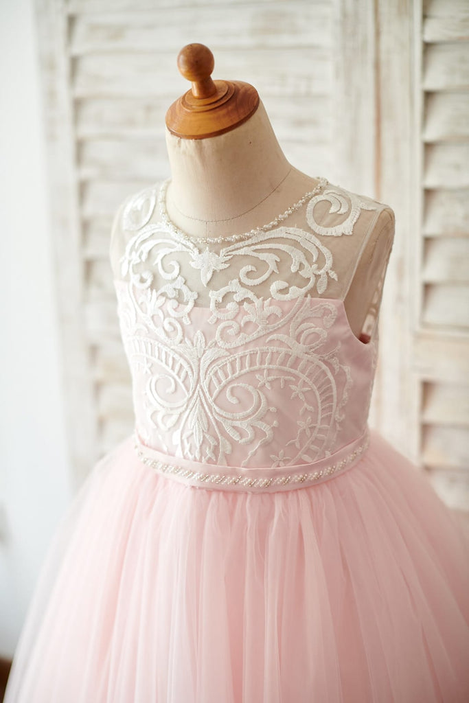 Princess Keyhole Back Ivory Lace Pink Tulle Wedding Flower 