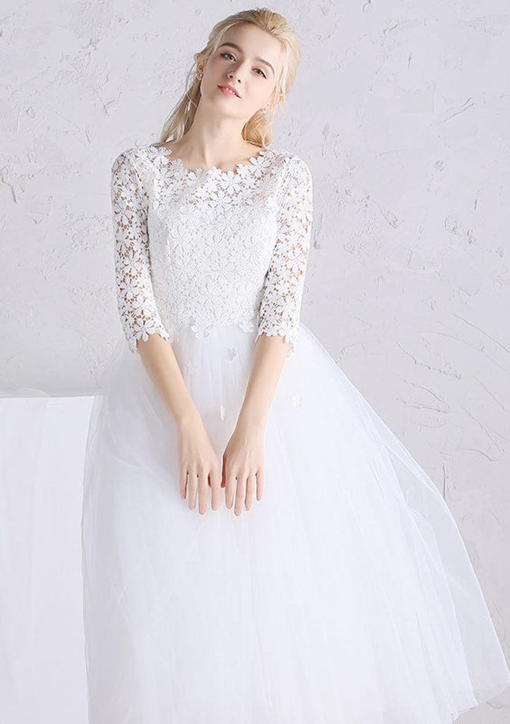 Princess Tea Length White Flowers Lace Tulle Wedding Dress -