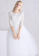 Princess Tea Length White Flowers Lace Tulle Wedding Dress