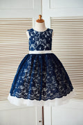 Princess Navy Blue Lace Ivory Tulle Wedding Flower Girl Dress