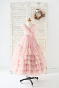 Princesse V Neck Mauve Tulle Cupcake Wedding Flower Girl Dress Kids Party Dress
