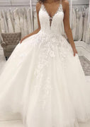 Princess V Neck Sleeveless Lace Tulle Bridal Wedding Dress
