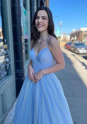 Princess V Neck Straps Sky Blue Tulle Glitter Prom Dress