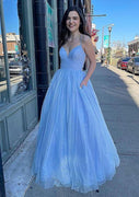 Princess V Neck Straps Sky Blue Tulle Glitter Prom Dress, Pockets