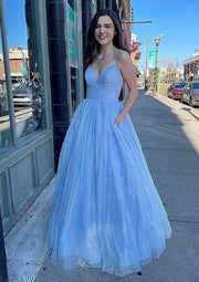 Princess V Neck Straps Sky Blue Tulle Glitter Prom Dress