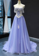 Princess Off Shoulder Sweetheart Lace-up Back Lavender Tulle Prom Dress, Lace