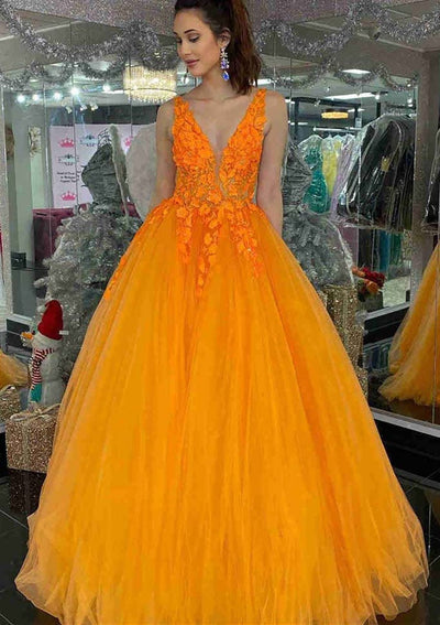 Princess V Neck Long/Floor-Length Tulle Prom Dress