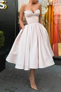 Princess Prom Dress Wedding Guest Tea Length Strapless Sweetheart Pink Satin