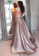 Princess Scoop Neck Open Back Floor Length Court Train Taffeta Party Prom Dress, Lace