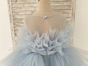 Sheer Neck Pleated Blue Tulle Wedding Flower Girl Dress Kids