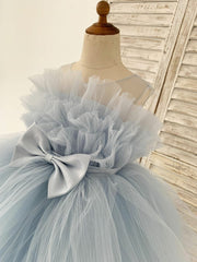Sheer Neck Pleated Blue Tulle Wedding Flower Girl Dress Kids