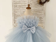 Sheer Neck Pleated Blue Tulle Wedding Flower Girl Dress Kids