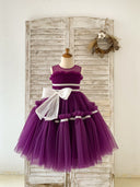 Robe de demoiselle d'honneur princesse plissée en tulle violet avec col transparent pour fête d'enfants, nœud