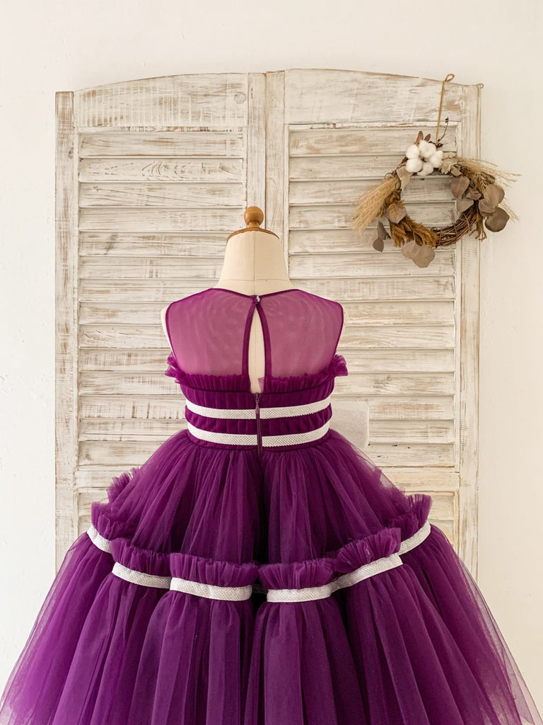 Princess Sheer Neck Pleated Purple Tulle Wedding Flower Girl