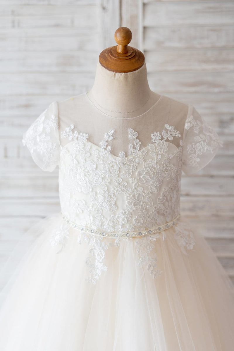 Princess Ivory Lace Gray Tulle Wedding Flower Girl Dress