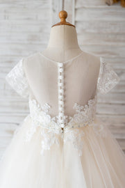 Short Sleeves Ivory Lace Champagne Tulle Wedding Flower Girl
