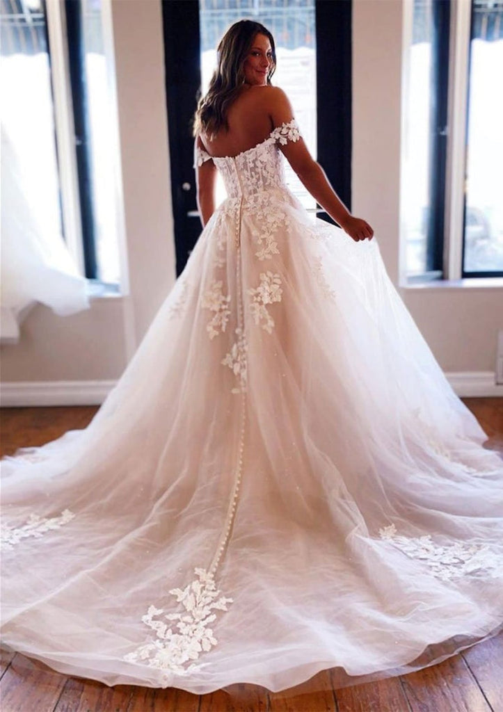 Princess Off Shoulder Chapel Tulle Wedding Dress, Lace Beading - Princessly