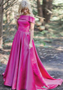 Princess Off Shoulder Straight Neck Floor Length Sweep Fuchsia Satin Prom Dress