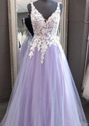 Princess Sleeveless V Neck Lavender Lace Tulle Formal Party Dress Prom Dress