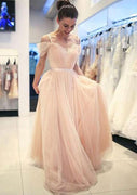 Princess Sweetheart Cold Shoulder Sweep Pearl Pink Tulle Prom Dress, Sash