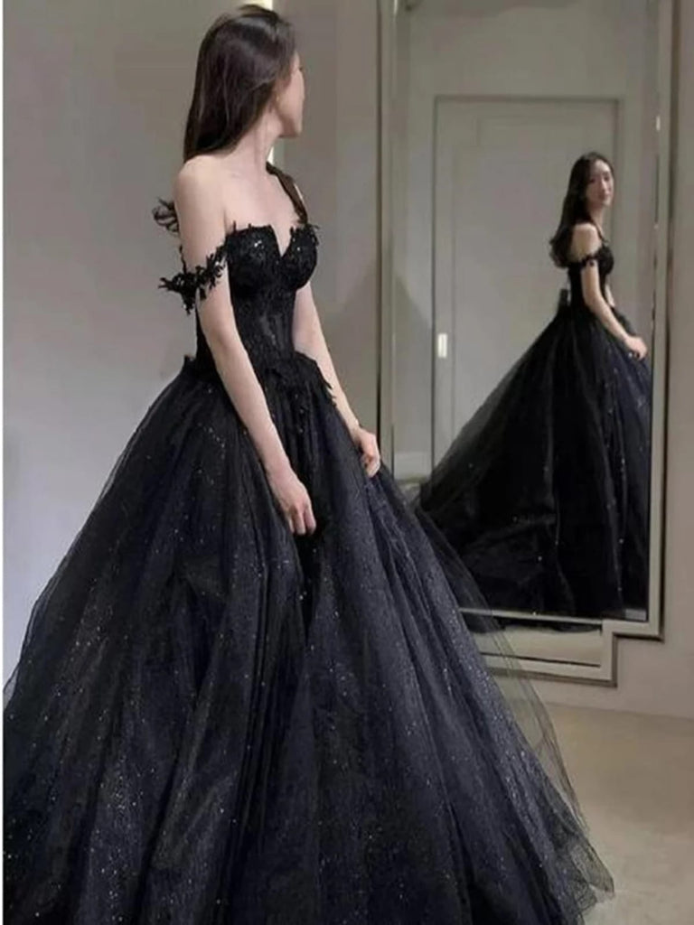 Black Off the Shoulder Tulle Lace Princess Dress, Shiny Tulle Floor Le
