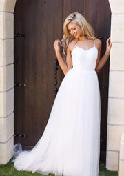 Princess Sweetheart Straps Sweep White Tulle Wedding Dress -