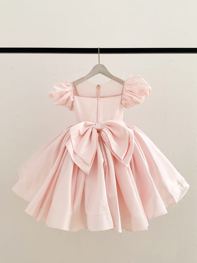Puff Sleeves Pink Satin Glittering Tulle Neck Wedding Flower Girl Dres -  Princessly