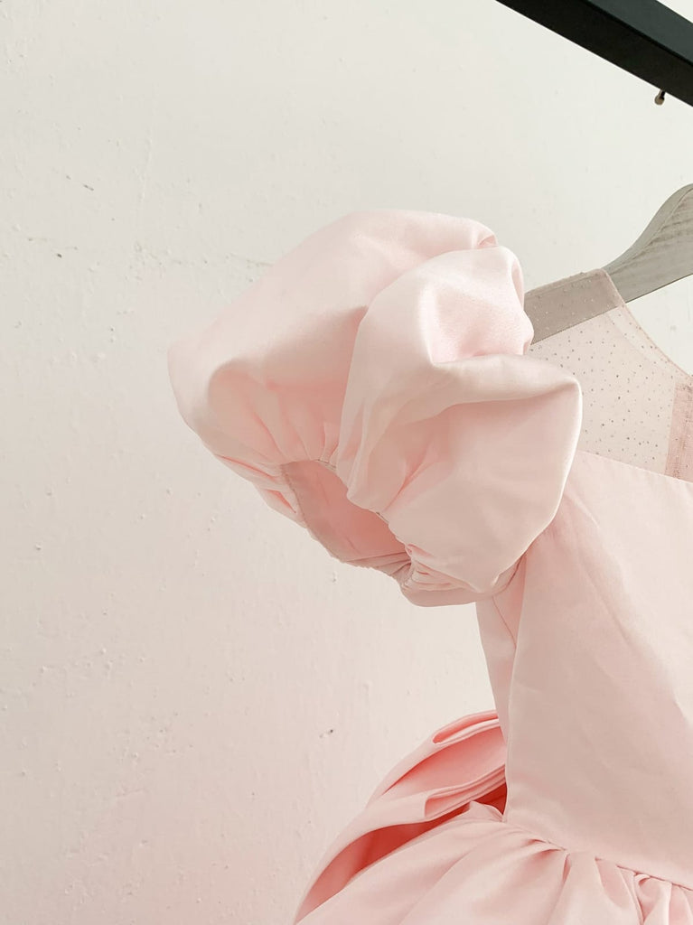 Puff Sleeves Pink Satin Glittering Tulle Neck Wedding Flower