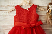 Red Lace Organza Wedding Flower Girl Dress with Belt