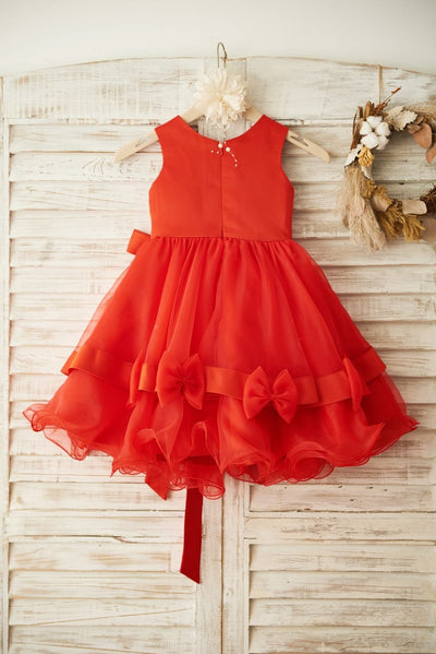 Red Lace Organza Wedding Flower Girl Dress with Belt