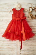 Красное кружевное свадебное платье из органзы с цветочным узором для девочек, пояс/бантик