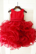 Vestido de niña de las flores princesa tutú de organza con volantes de satén rojo