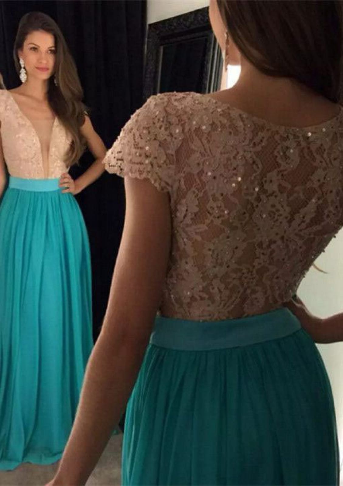 Rhinestone Lace Plunging Turquoise Blue Long Chiffon Prom Gown