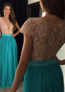 Rhinestone Lace Plunging Turquoise Blue Long Chiffon Prom Gown